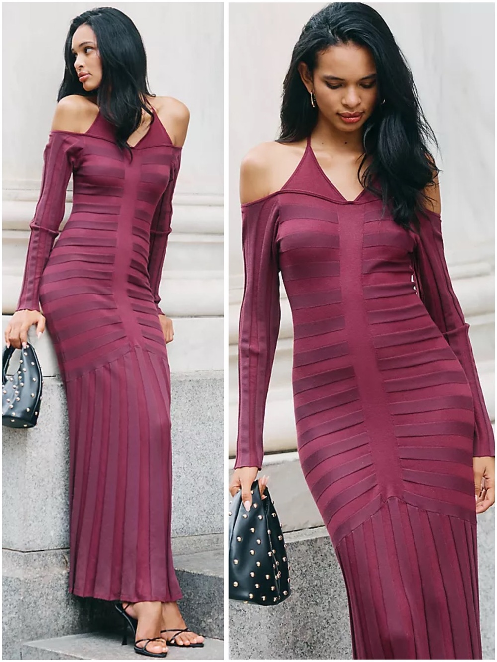 Anthropologie Cold Shoulder Knit Maxi Dress Wine Burgundy XS NWT Bodycon Gala
